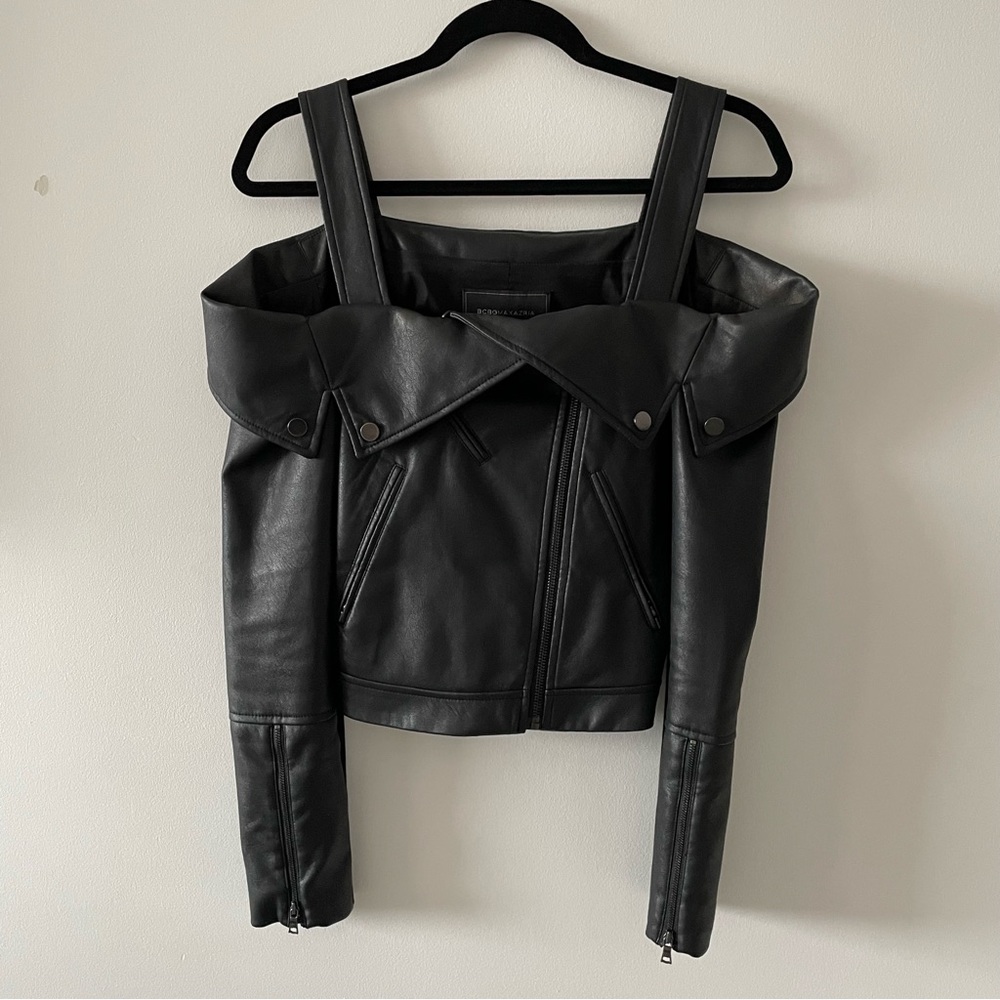 BCBGMAXAZRIA Clyde faux leather black long sleeve off the shoulder jacket sz XS